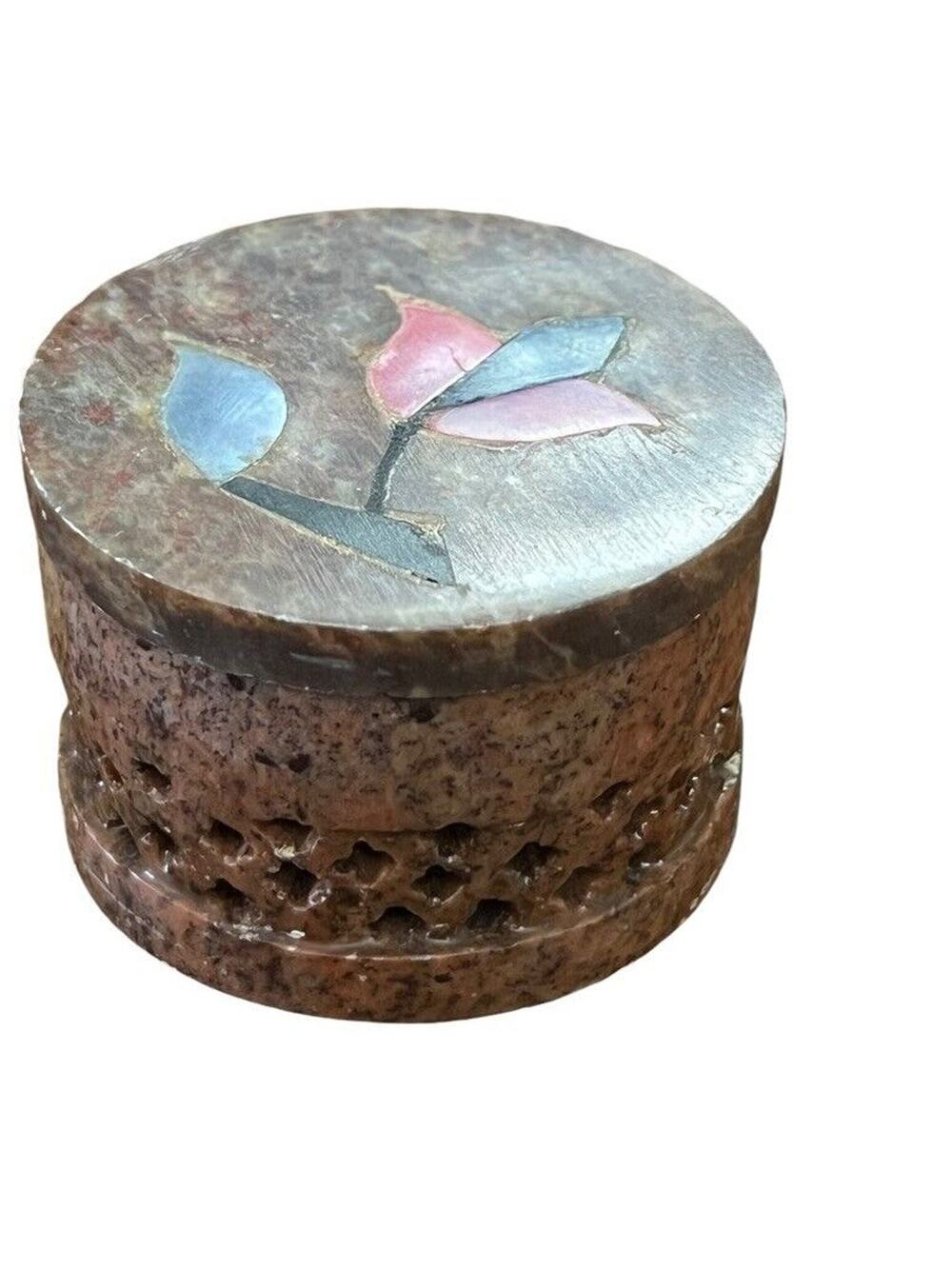 Vintage Soapstone Granite Inlay Floral Trinket Round Jewelry Box Inlaid Flowers